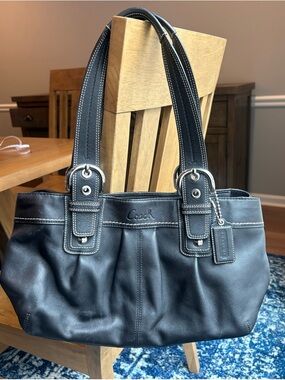 Coach Black Leather Shoulder Tote with Contrast Stitching